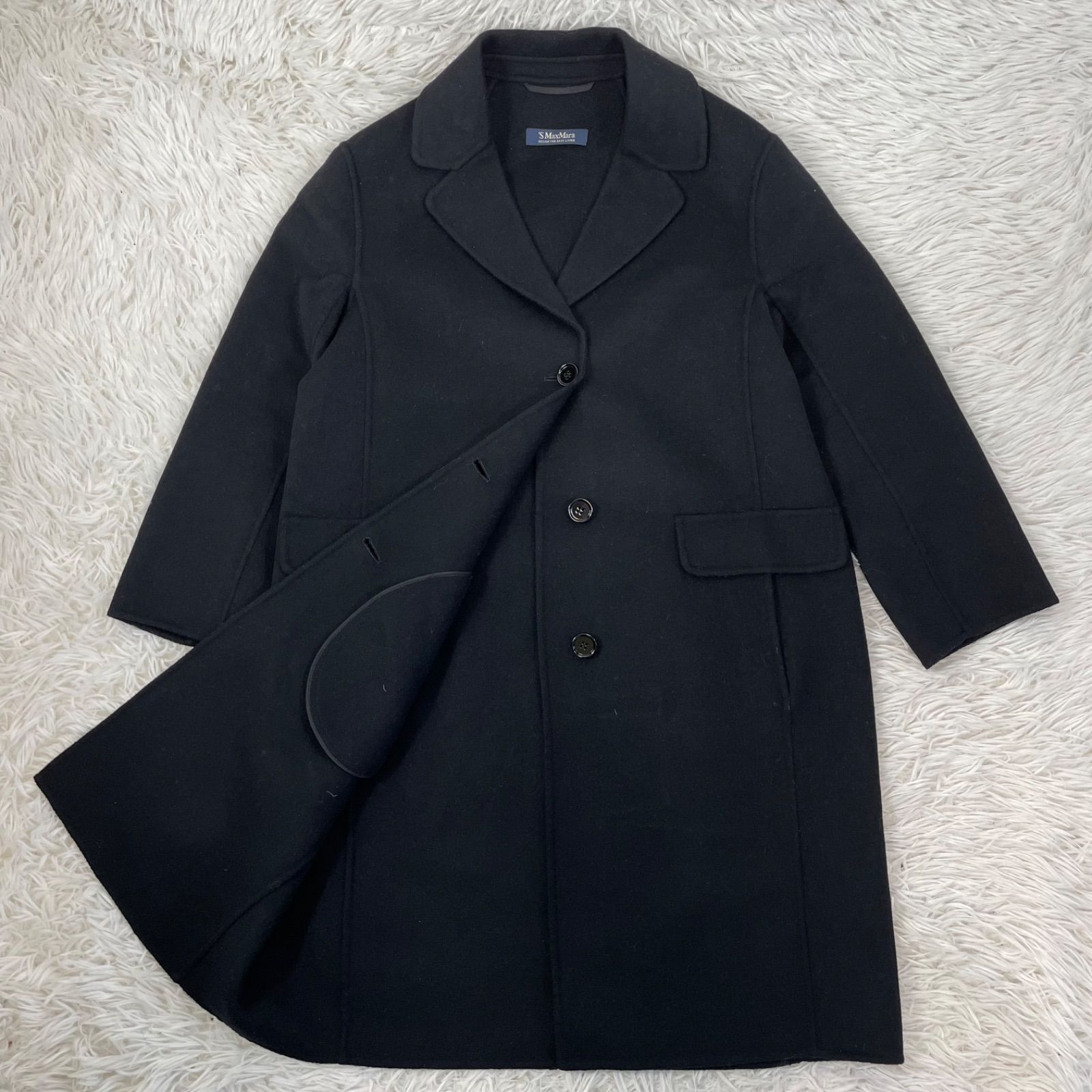 【美品】マックスマーラ アンゴラ ロング チェスターコート 総柄ロゴ ブラック 美品 'S Max Mara マックスマーラ アンゴラ シルク100% M チェスター