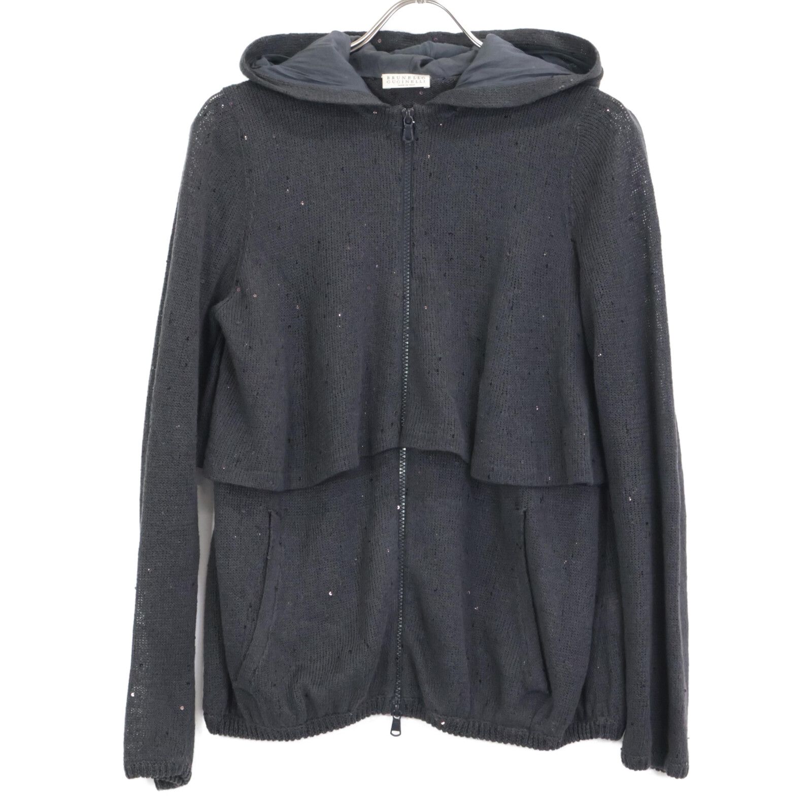 ブルネロクチネリ♡リネン　シルク　スパンコール　ティアード　ニットパーカー　M ブルネロクチネリ♡リネン シルク スパンコール ティアード ニット