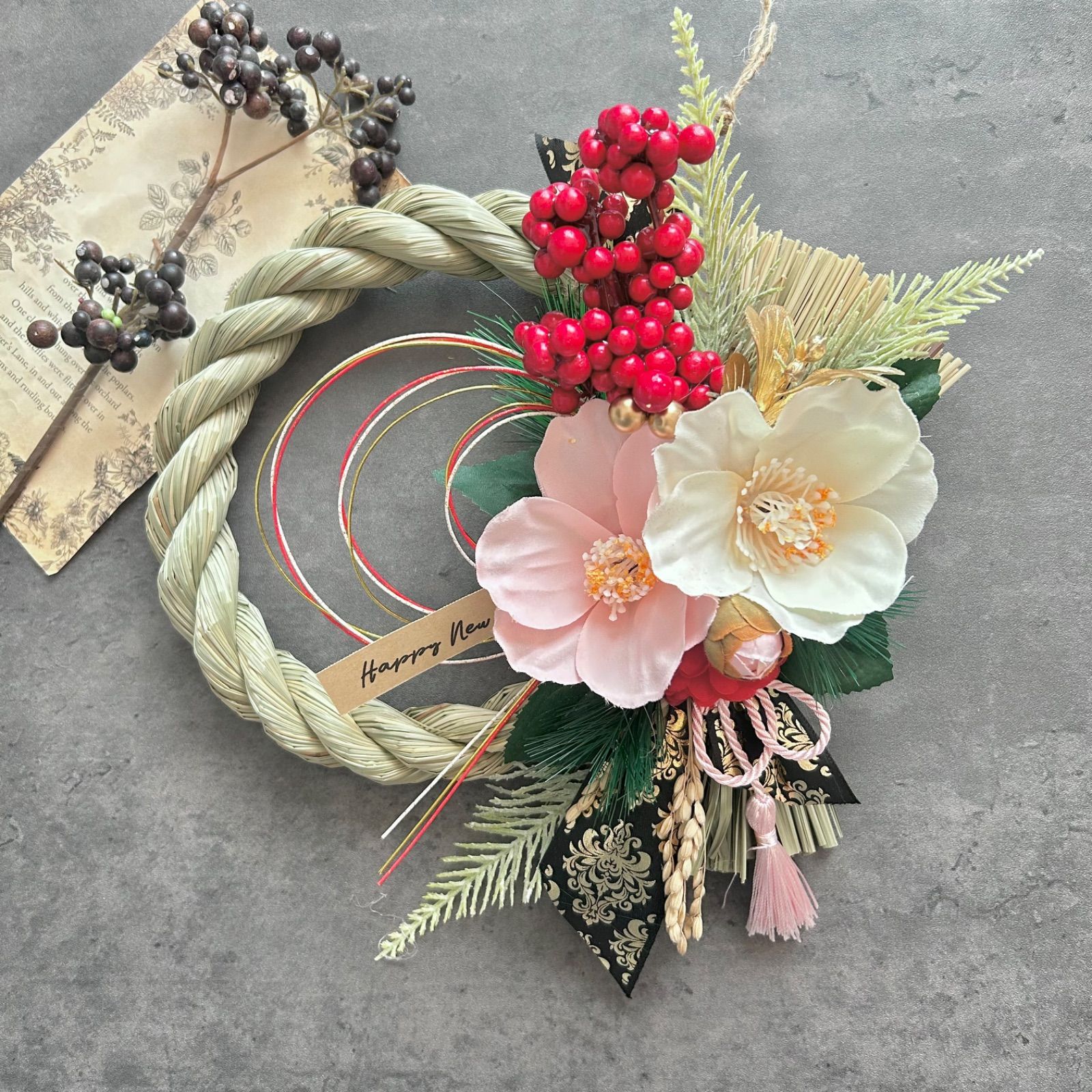No.166 い草 椿と南天のしめ縄リース2026 ハンドメイドお正月飾り玄関