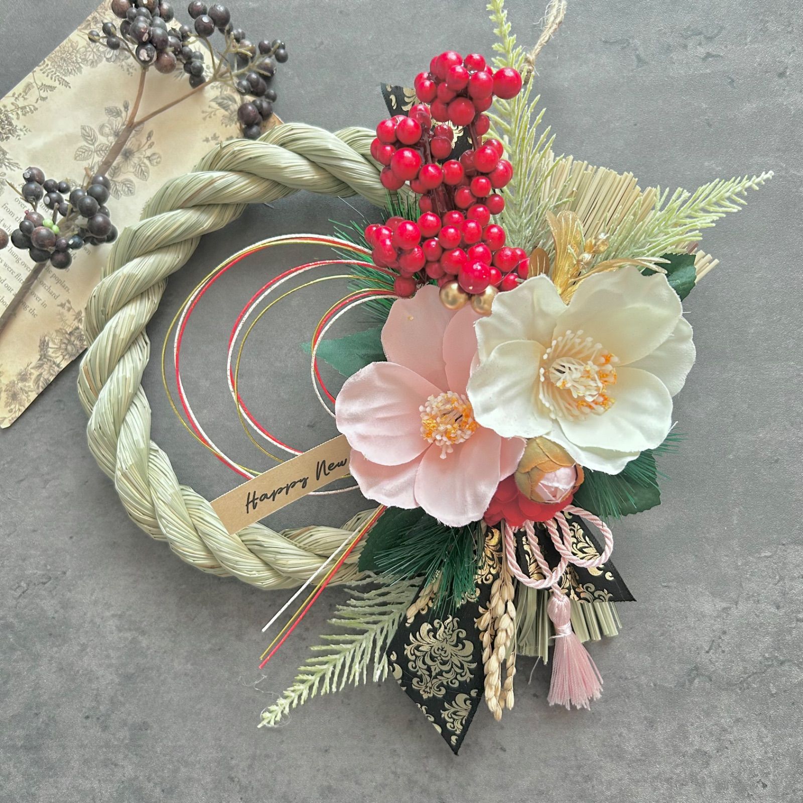 No.166 い草 椿と南天のしめ縄リース2026 ハンドメイドお正月飾り玄関