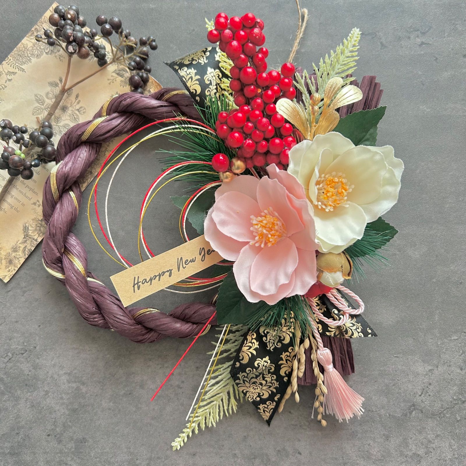No.167 椿と南天のしめ縄リース お正月飾り 玄関 しめ飾り