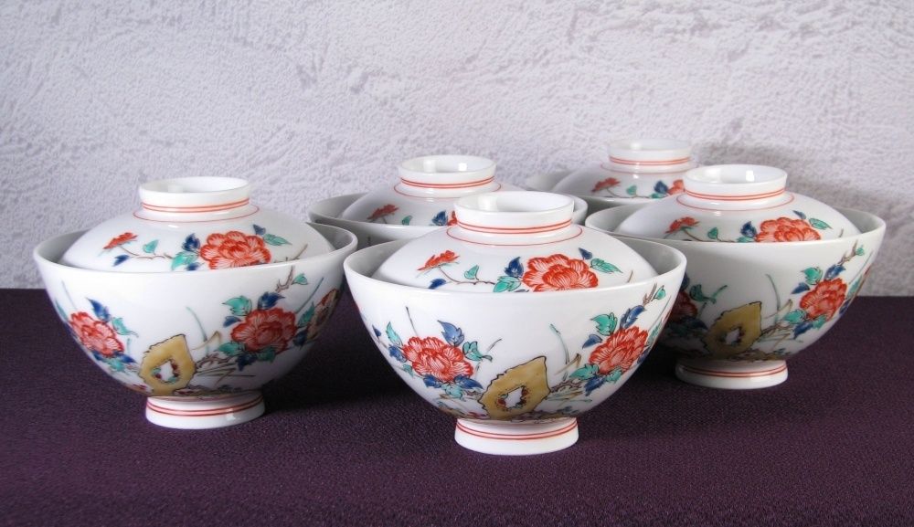 十三代酒井田柿右衛門造 錦 岩牡丹文飯茶碗5客 美品 共箱/25k045