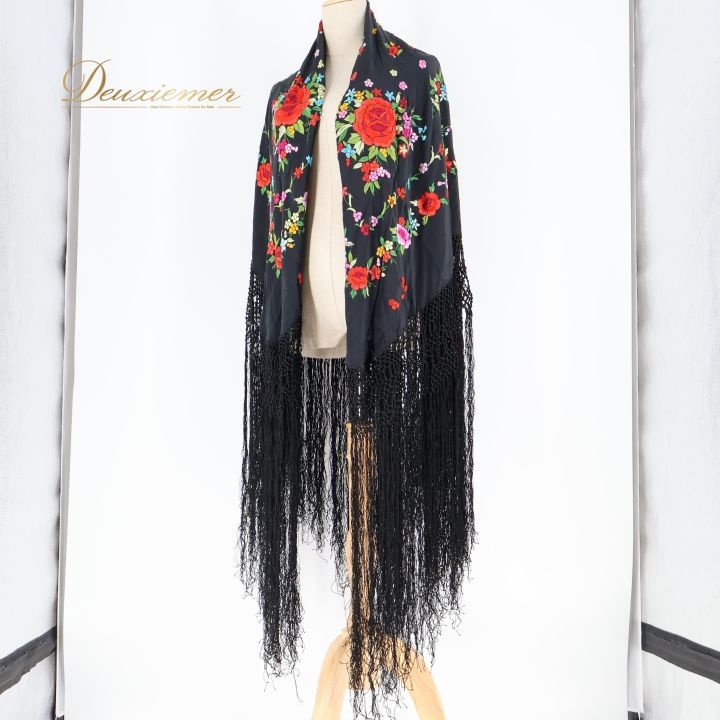 フラメンコ 衣装 マントン シージョ 黒 赤 刺繍 フレコ フリンジ 小物