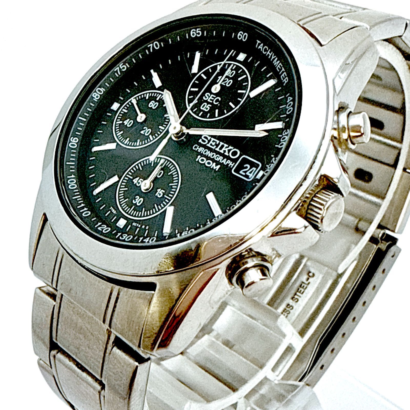 B064【電池交換済】SEIKO セイコー クロノグラフ ブラックダイアル 