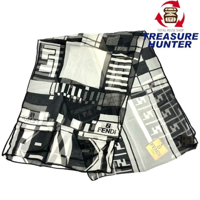 美品✨FENDI フェンディ　ロゴスカーフ シルク　ナイロン　 ズッカ柄　透け感 FENDI ズッカ シフォンロングスカーフ サイズ幅約26×長さ約148cm