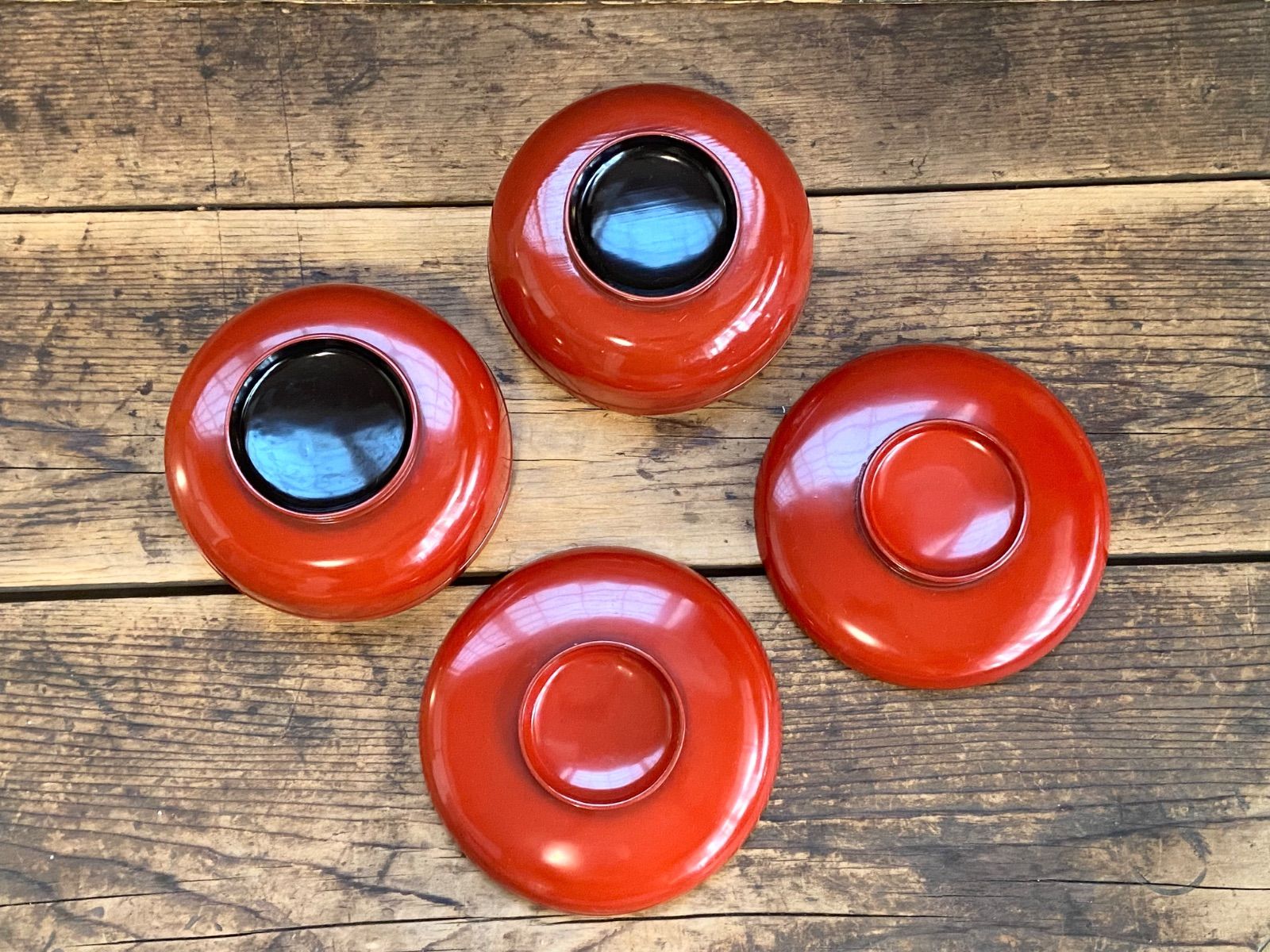 能登蔵出し 輪島塗 朱漆 平椀 2客 / 時代 朱塗 漆器椀 向付 煮物椀