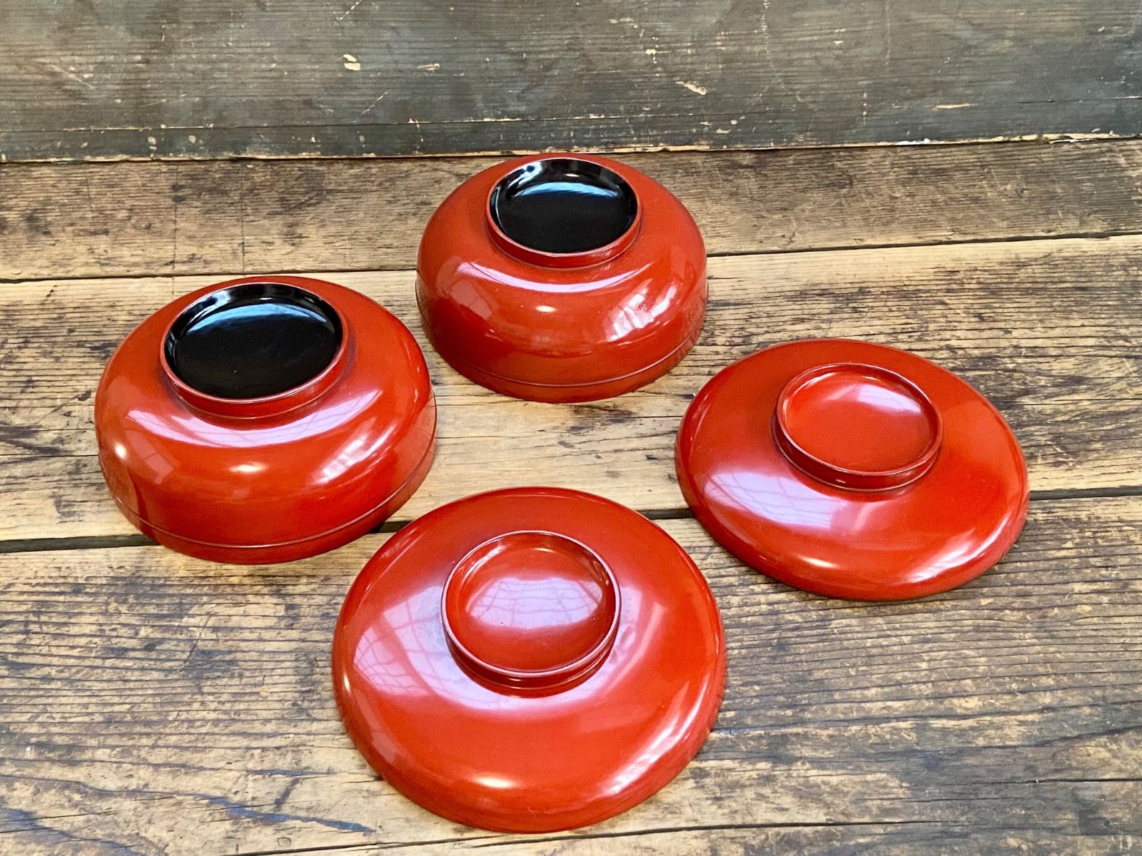 能登蔵出し 輪島塗 朱漆 平椀 2客 / 時代 朱塗 漆器椀 向付 懐石椀