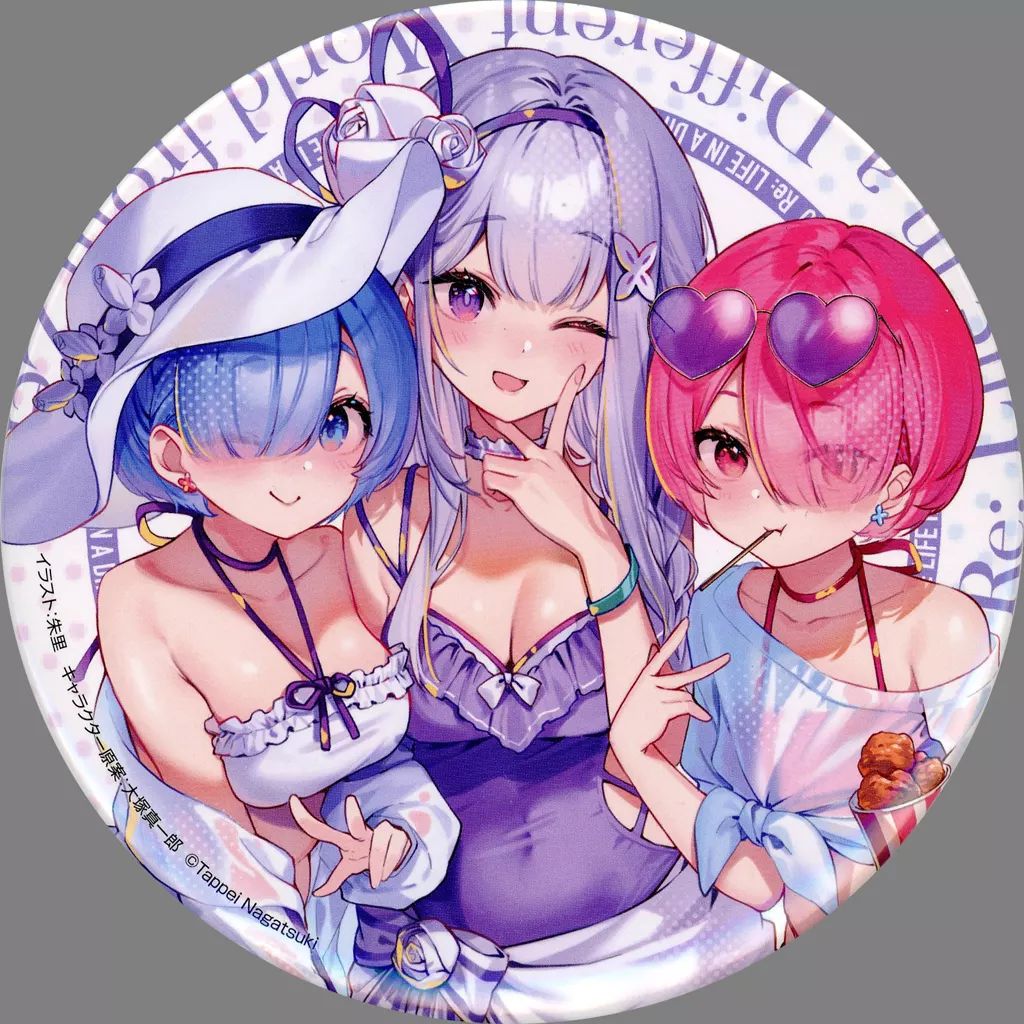 中古】バッジ・ビンズ エミリア＆レム＆ラム スタンド付BIG缶バッジ