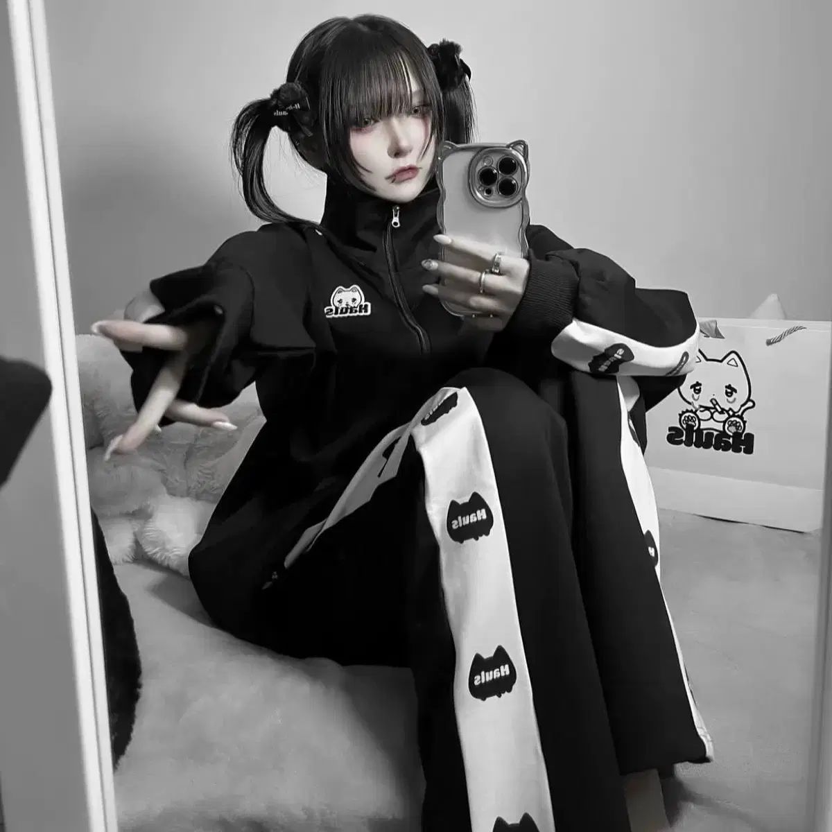 日本 ブランド 原宿 モデル Hauls 黒白 スポーツ복 ズボン コート セット