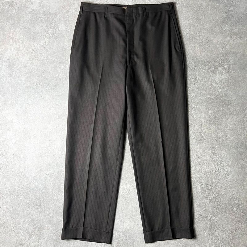 60s UNKNOWN 織り ストライプ ノータック ウール スラックス パンツ 34