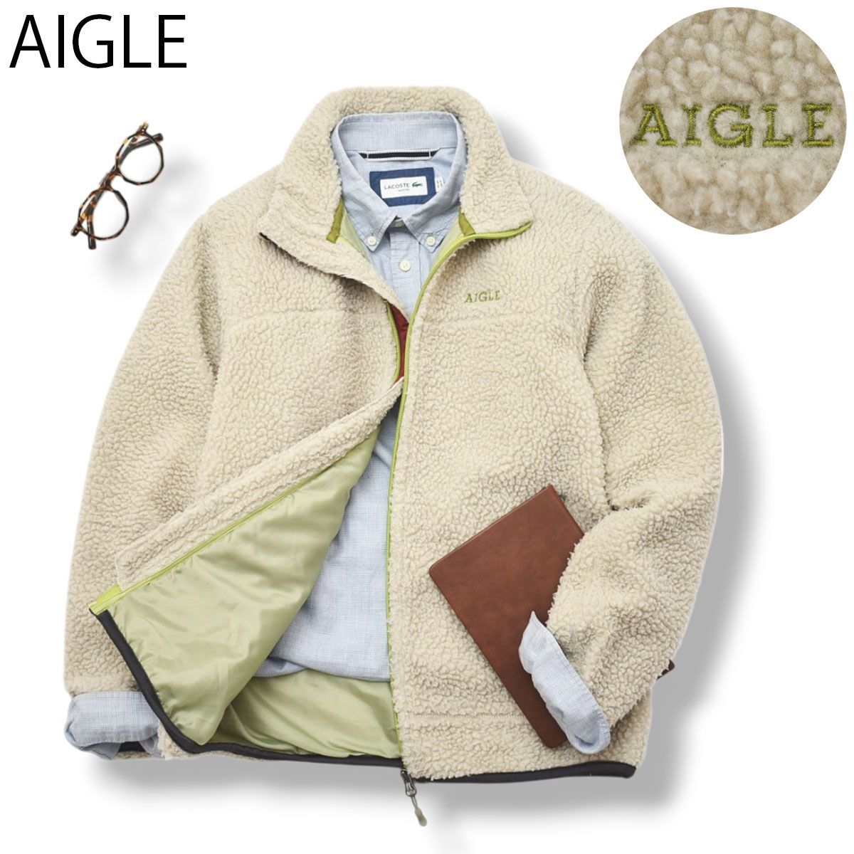 刺繍ロゴ】 エーグル AIGLE ボア フリース ジャケット S オフホワイト 