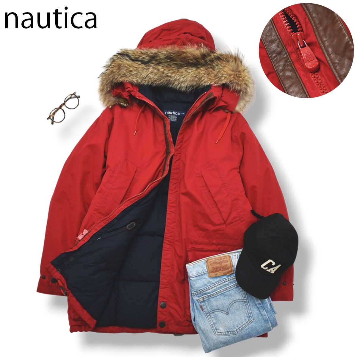 80s90s ノーティカ nautica フード付き ダウンジャケット L 赤 - メルカリ