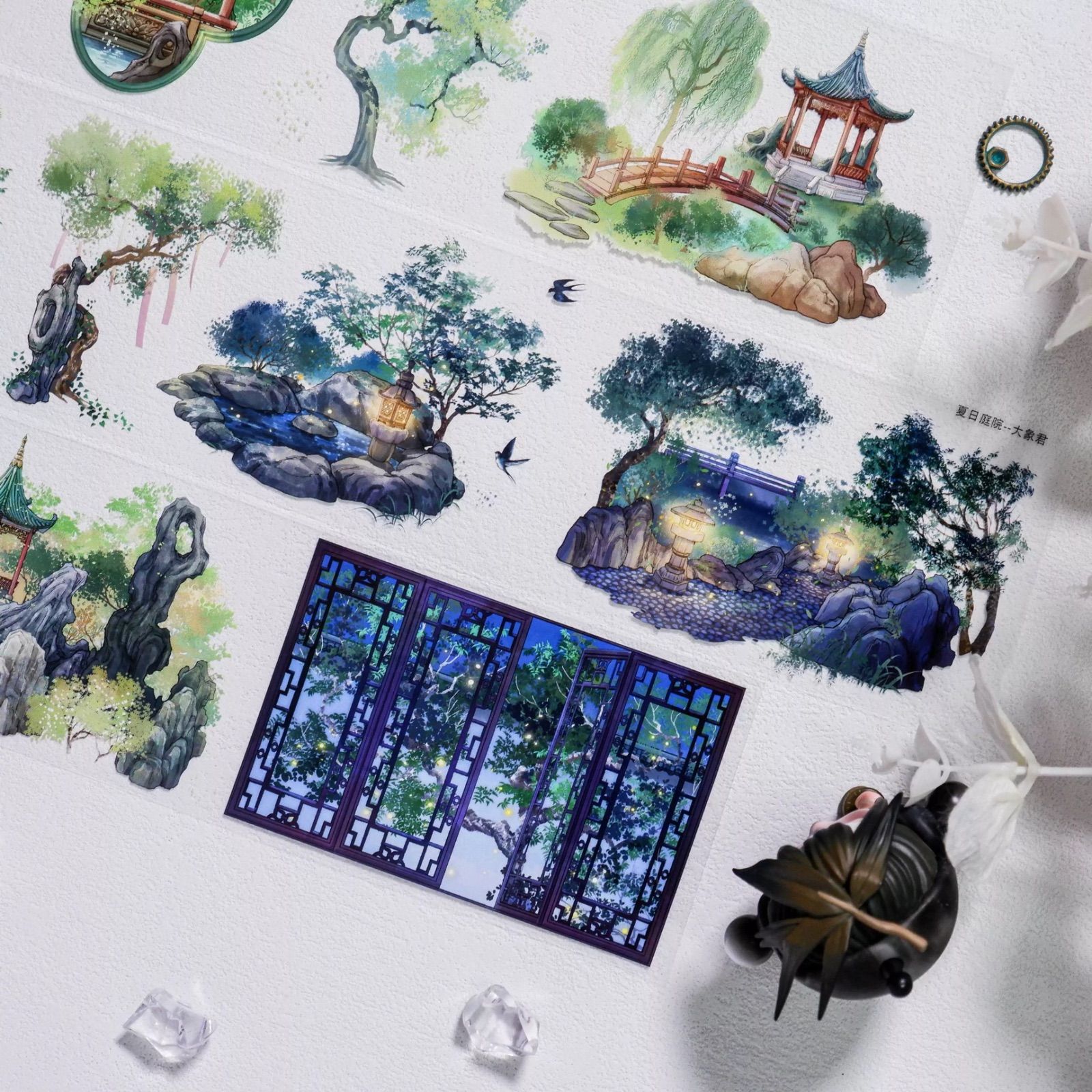 8937】海外 マステ 5m巻 PETマスキングテープ 夏 夜景 庭 東屋 蛍 装飾