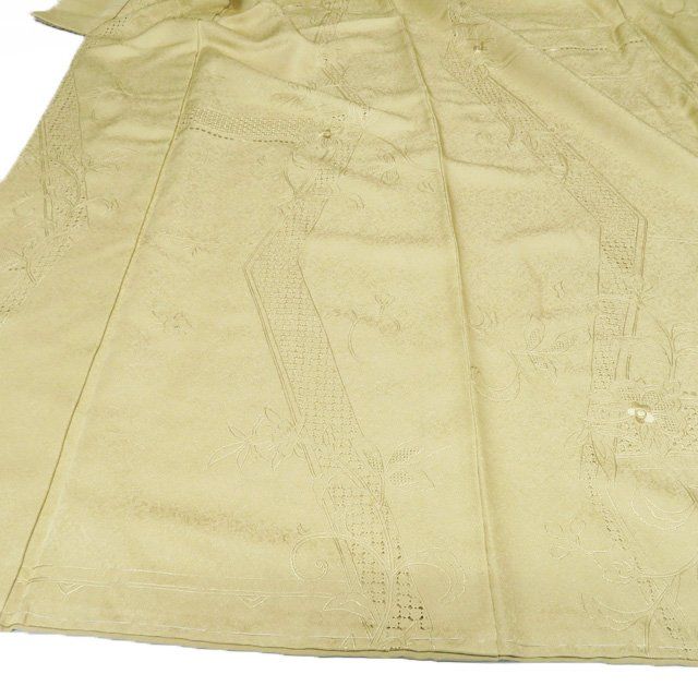  色無地 着物 正絹 袷 紋なし カジュアル 汕頭刺繍 スワトウ 麦藁色 身丈159.5 cm 裄65 M ワイド きもの北條 A 1300-2 色無地 着物