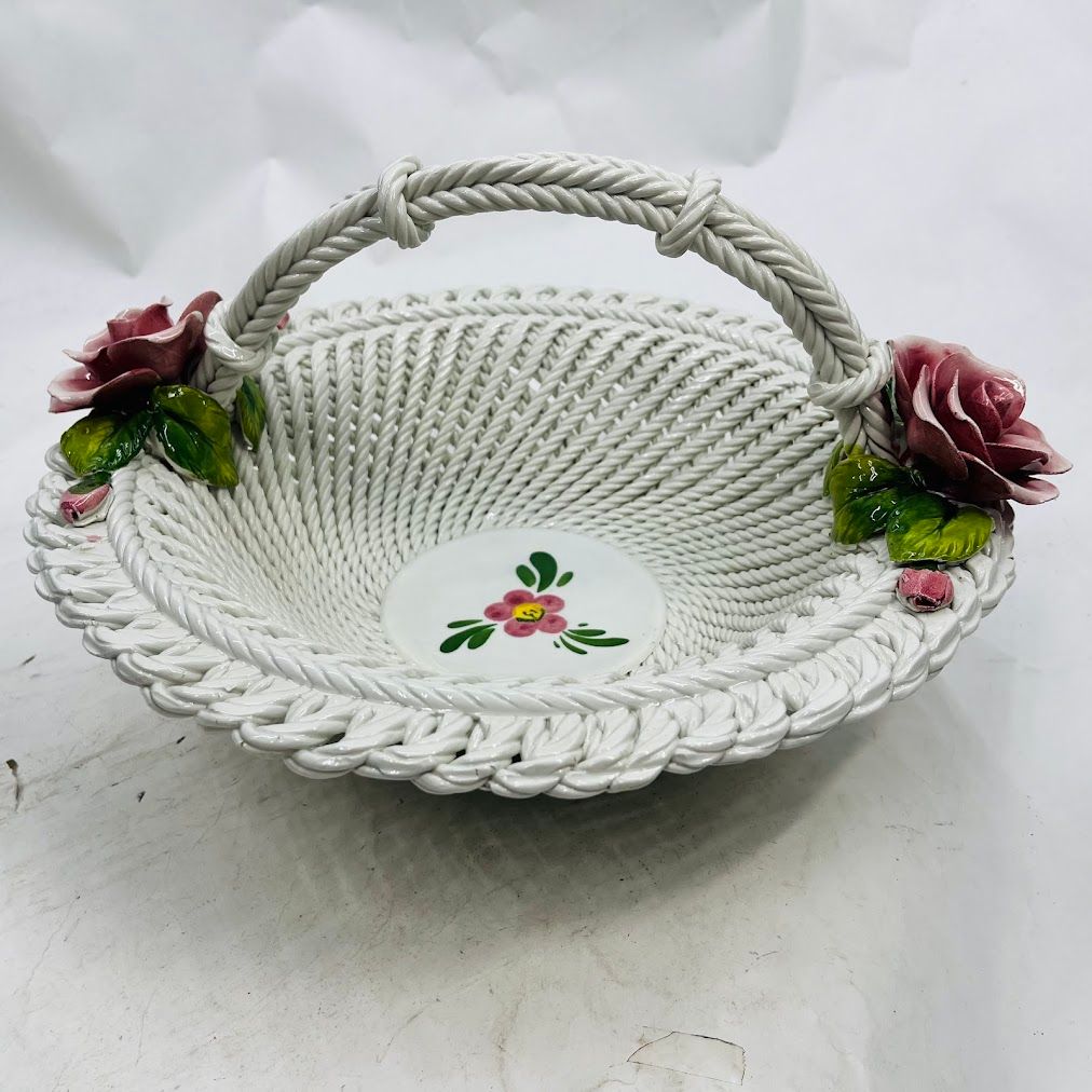 中古】イタリア 陶器花かご フラワーバスケット 直径36㎝【送料無料