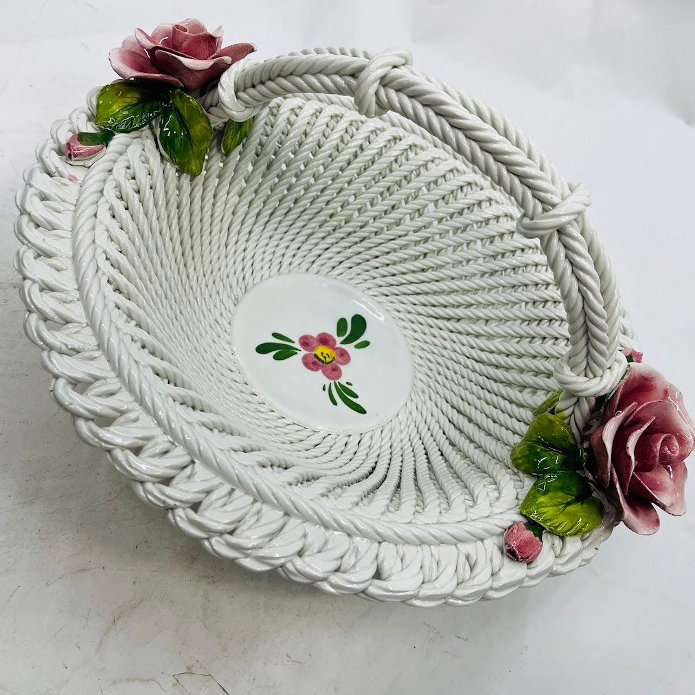 中古】イタリア 陶器花かご フラワーバスケット 直径36㎝【送料無料