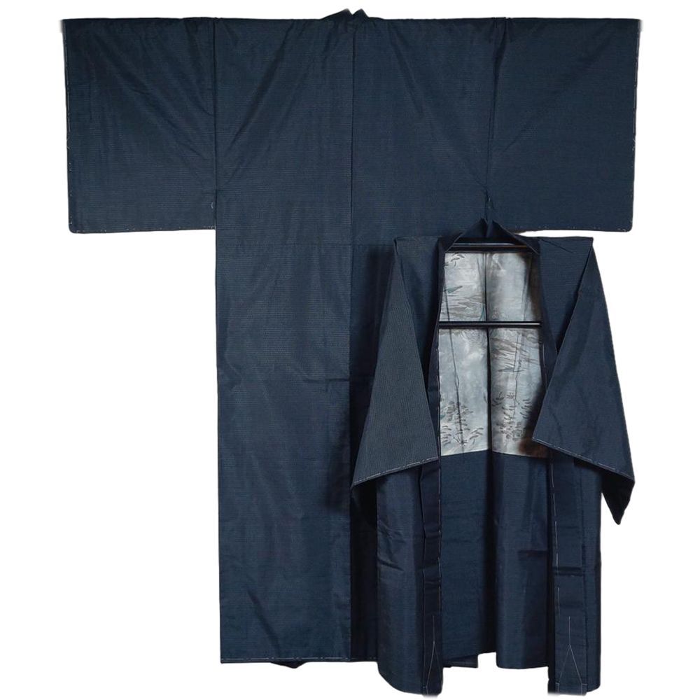 未使用　メンズ　大島紬　アンサンブル　藍染　紳士用　亀甲　着物　048k 男着物 大島紬 アンサンブル 着物・羽織 亀甲模様 Mサイズ 藍染 【送料