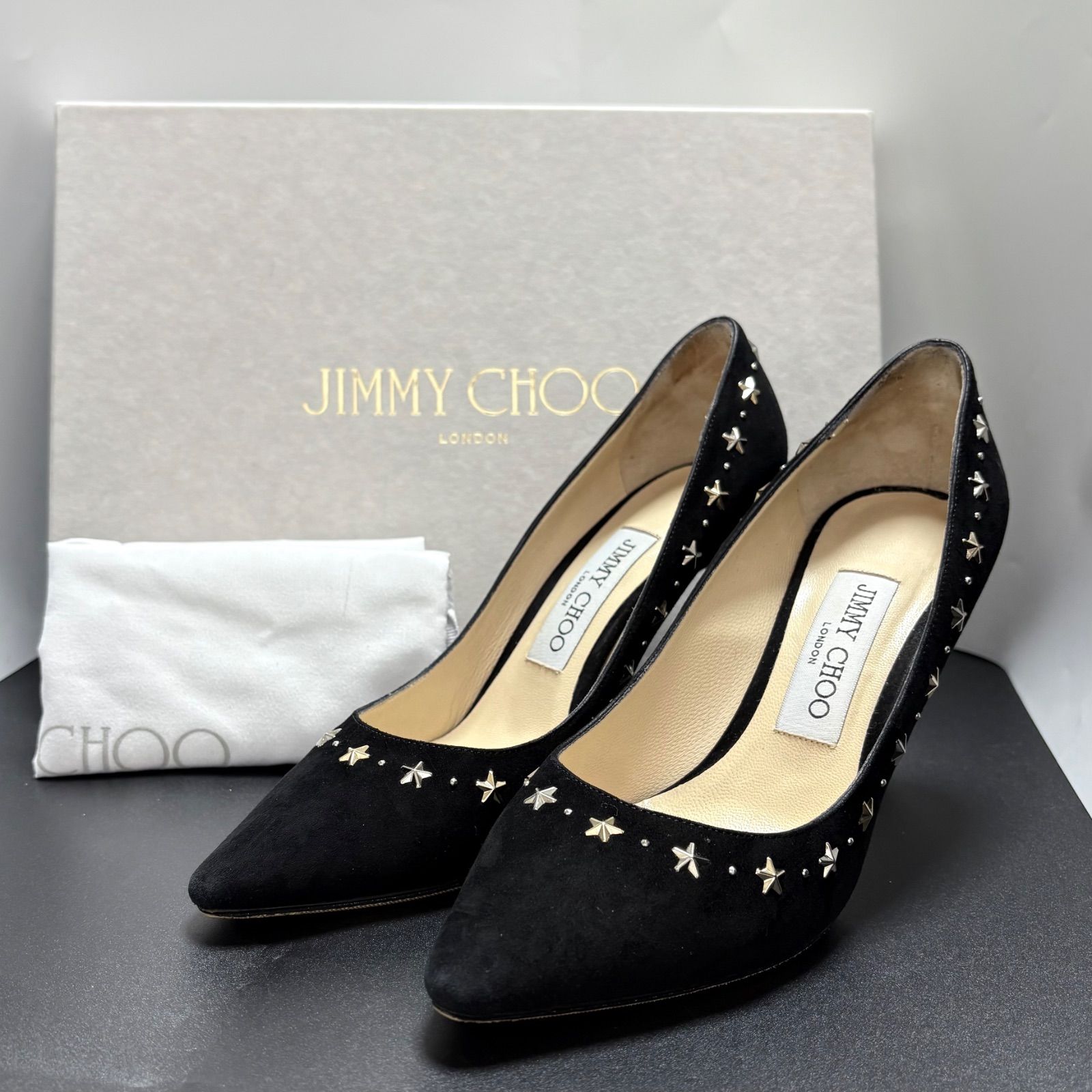 JIMMY CHOO ジミーチュウ パンプス スエード スタッズ スター ポインテッド ハイヒール 36.5 23.5 cm 黒 ブラック き