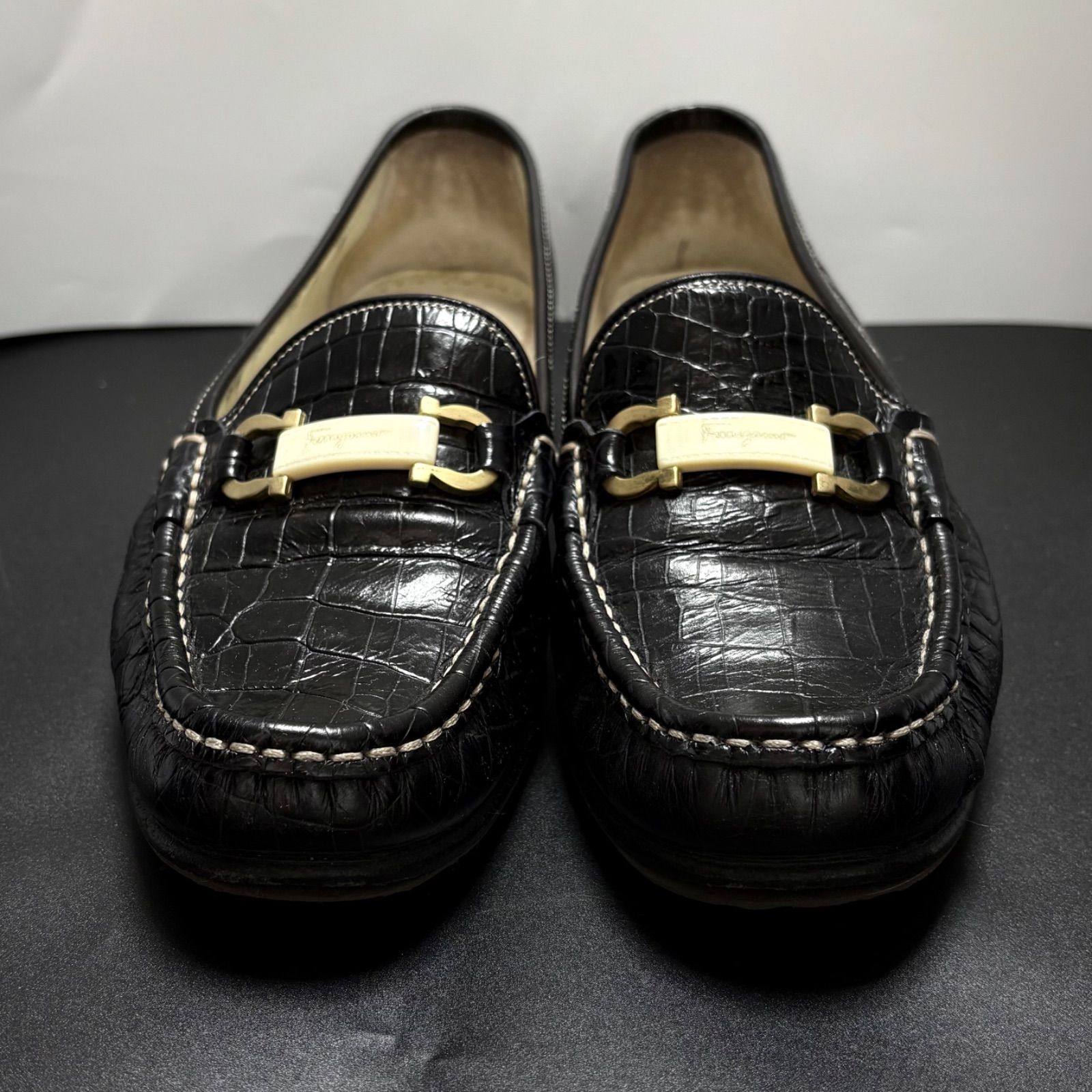サルヴァトーレ フェラガモ Salvatore Ferragamo ローファー クロコ ガンチーニ レザー 7 C 24.5 cm ブラック 黒 靴 シューズ