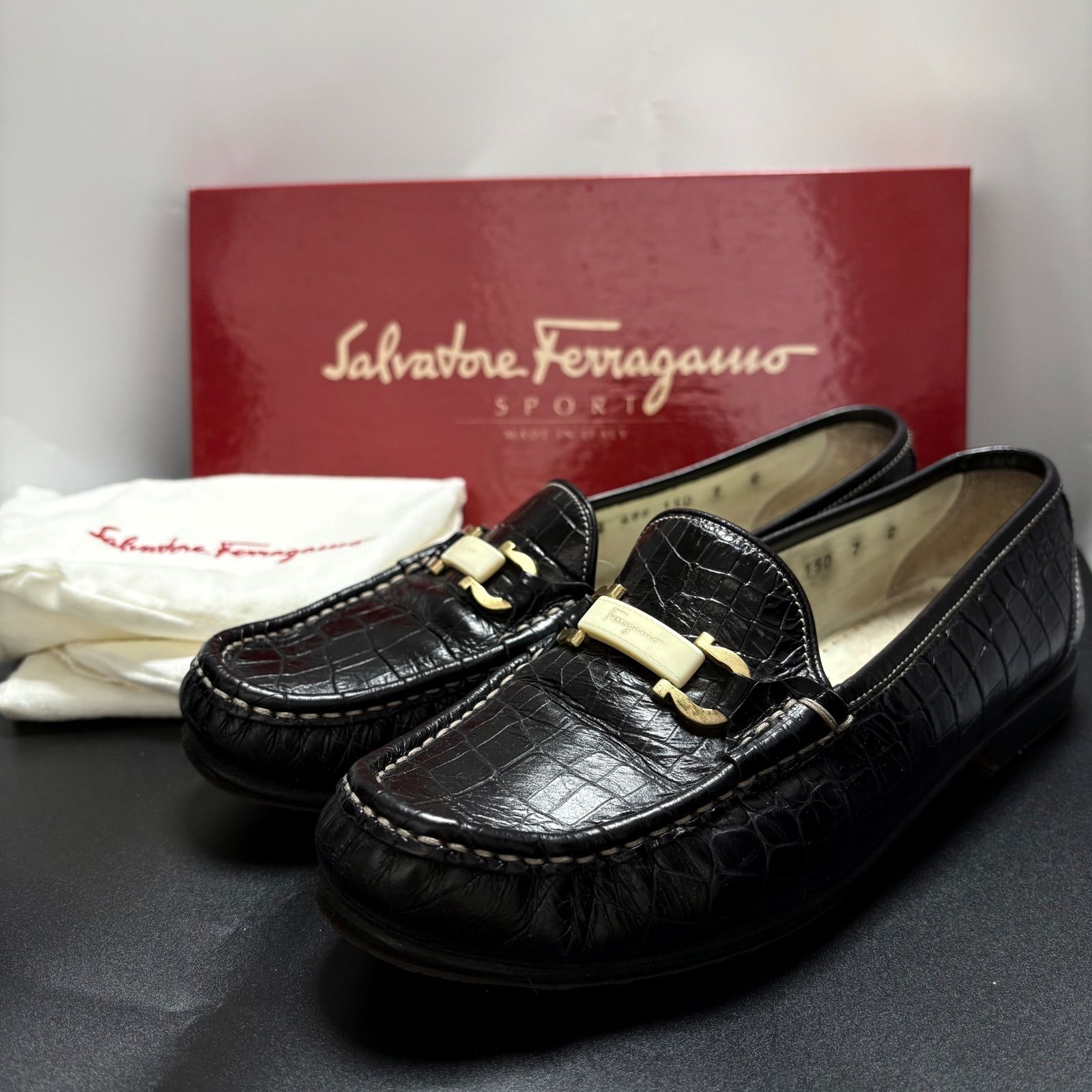 サルヴァトーレ フェラガモ Salvatore Ferragamo ローファー クロコ ガンチーニ レザー 7 C 24 5 cm ブラック 黒 靴 シューズ