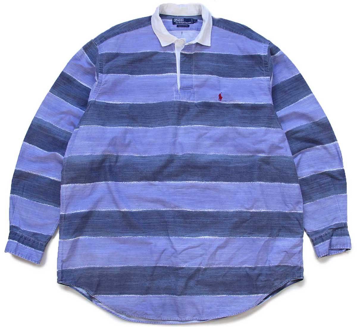 90 s ポロ ラルフローレン ラガータイプ 太ボーダー プリント コットンシャツ XL ロゴ刺繍 ワンポイント ビッグサイズ