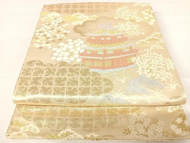 平和屋着物◎六通柄袋帯　唐織　人物風景文　金糸　正絹　逸品　AABI0992yx 平和屋着物◎六通柄袋帯 唐織 人物風景文 金糸 正絹 逸品 AABI0992yx