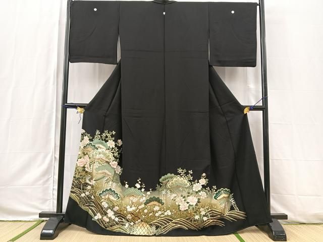 平和屋着物□豪華黒留袖 駒刺繍 立波花鳥文 金銀彩 正絹 逸品