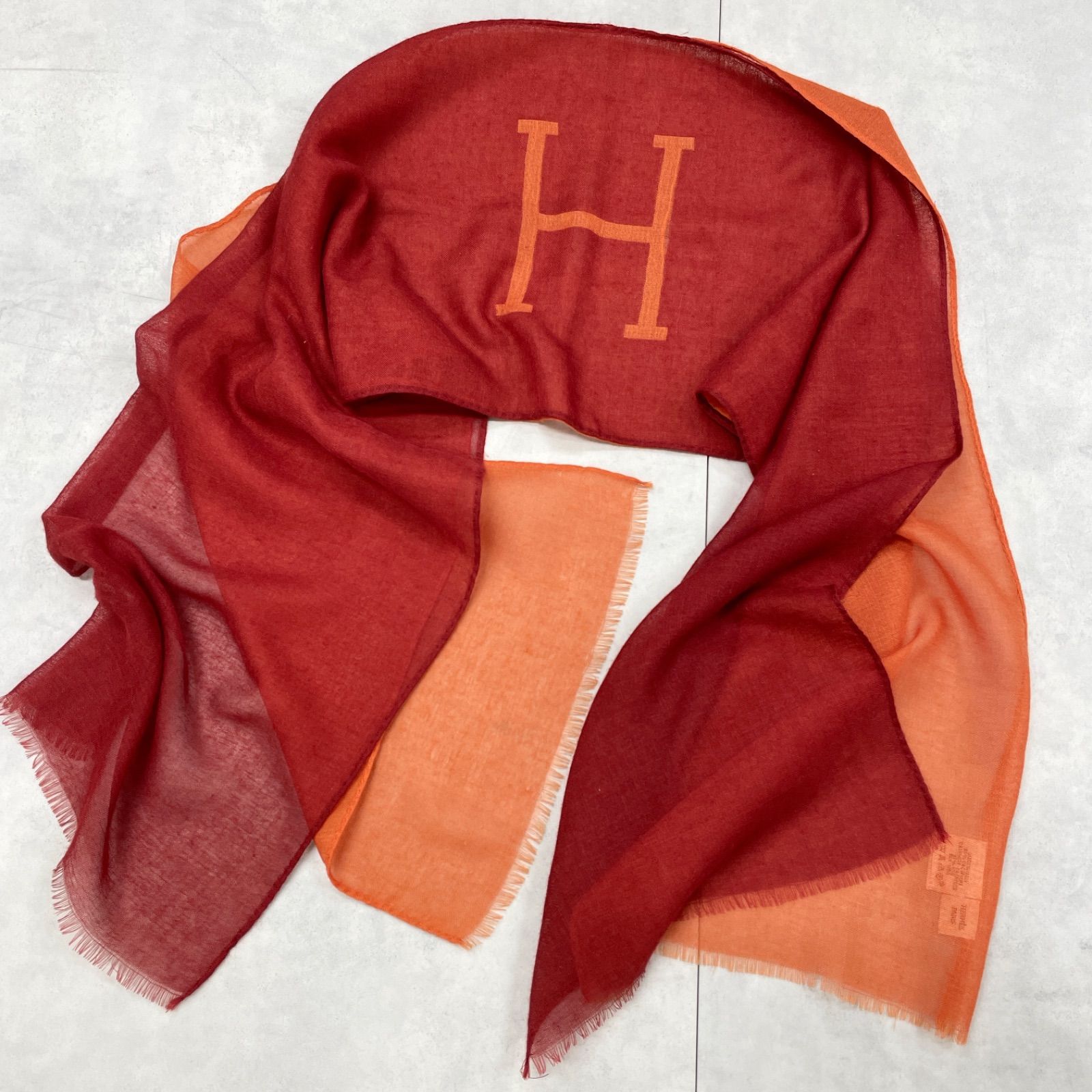 HERMES エルメス Hロゴ レイヤードストール カシミヤ シルク オレンジ