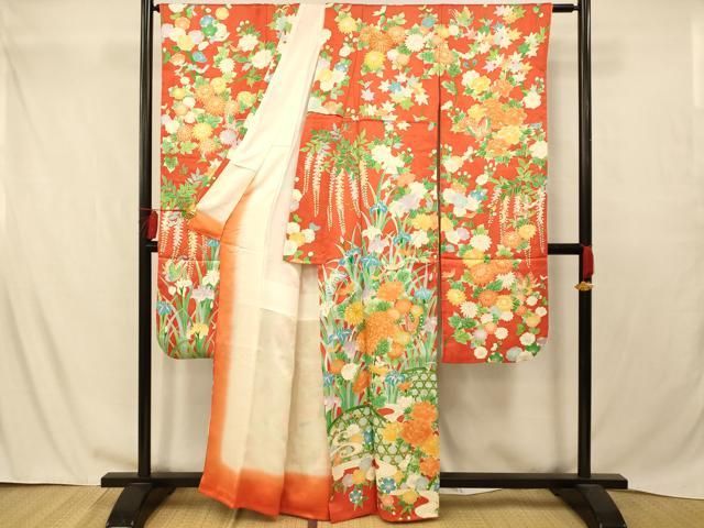 豪華 振袖　駒刺繍　エ霞花蝶文　暈し染め　金彩　逸品 正絹 絹素材 送料無料 豪華 振袖 駒刺繍 総刺繍 扇面花文 暈し染め 金糸 逸品 正絹 絹