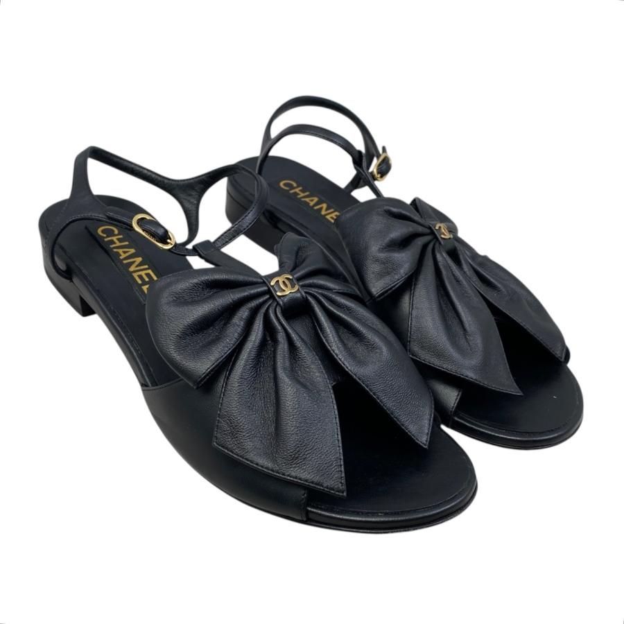 CHANEL ブラックレザーサンダル リボン付き ☆E4782 シャネル サンダル リボン ココマーク G45862 X01000 94305 38