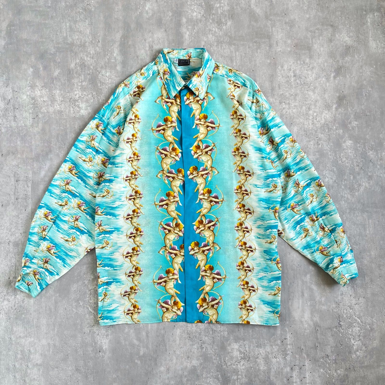 ジャンニヴェルサーチ　90s　イタリア製　スクエアパターン　総柄シャツ　46 GIANNI VERSACE(ジャンニヴェルサーチ) 90's scarf silk shirt 金
