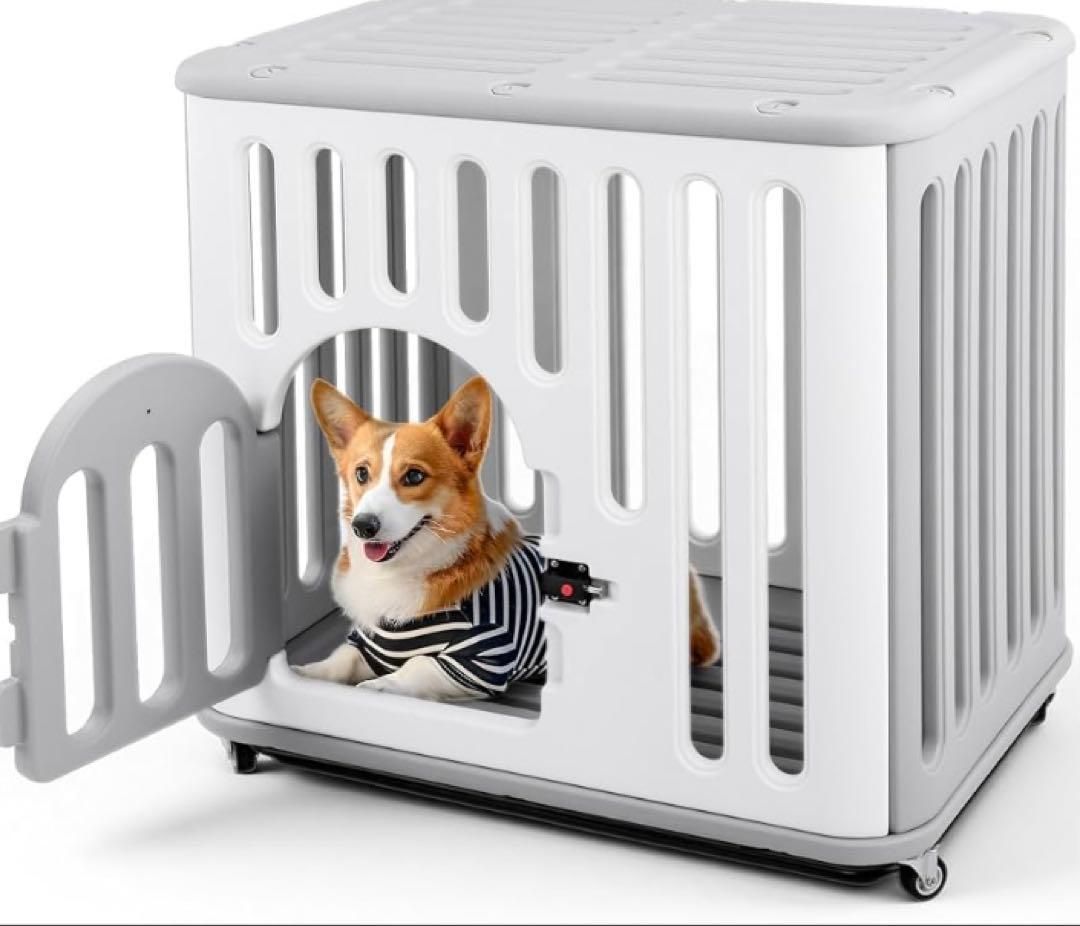 即日 1668 m 犬 ゲージ 屋根付き 樹脂製 ペットケージ 犬サークル 中小型犬用 キャスター付き 室内 北欧風 おしゃれ トレー付き 頑丈 組立簡単 くすみ ホワイト グレー 65. ×60 cm