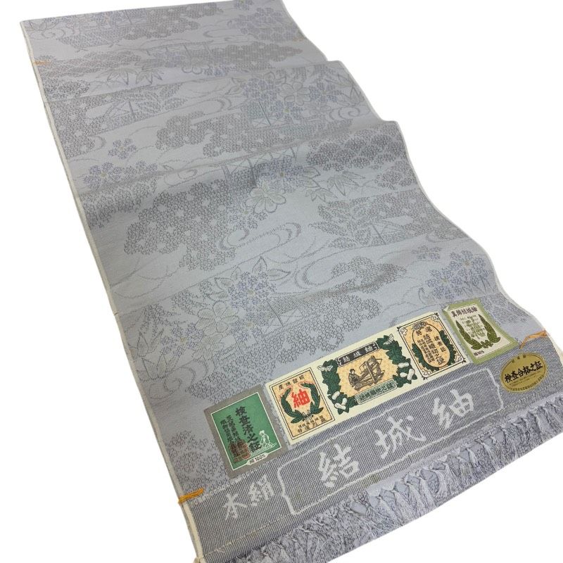 未仕立て品】本場結城紬 反物 グレー 地紋入り 幅約37cm 正絹 生地重量