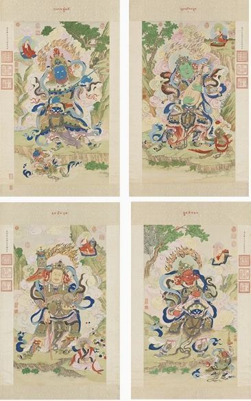 清 姚文瀚 四天王 仏像 掛画 工筆 仏画奉納掛け軸縦幅 東洋画 国画 4個