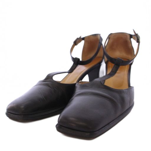 ヒロフ HIROFU パンプス スクエアトゥ ストラップ レザー 24 ブラック