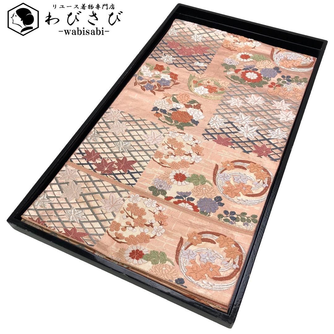 袋帯 唐織 四季の花模様 銀糸 薄紅赤色 O-5739 - メルカリ