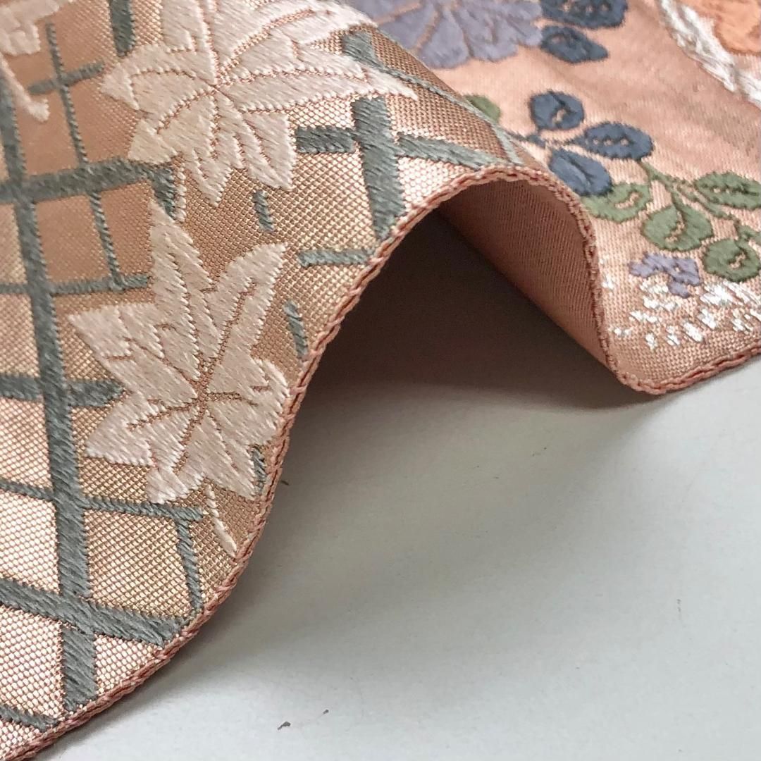 袋帯 唐織 四季の花模様 銀糸 薄紅赤色 O-5739 - メルカリ