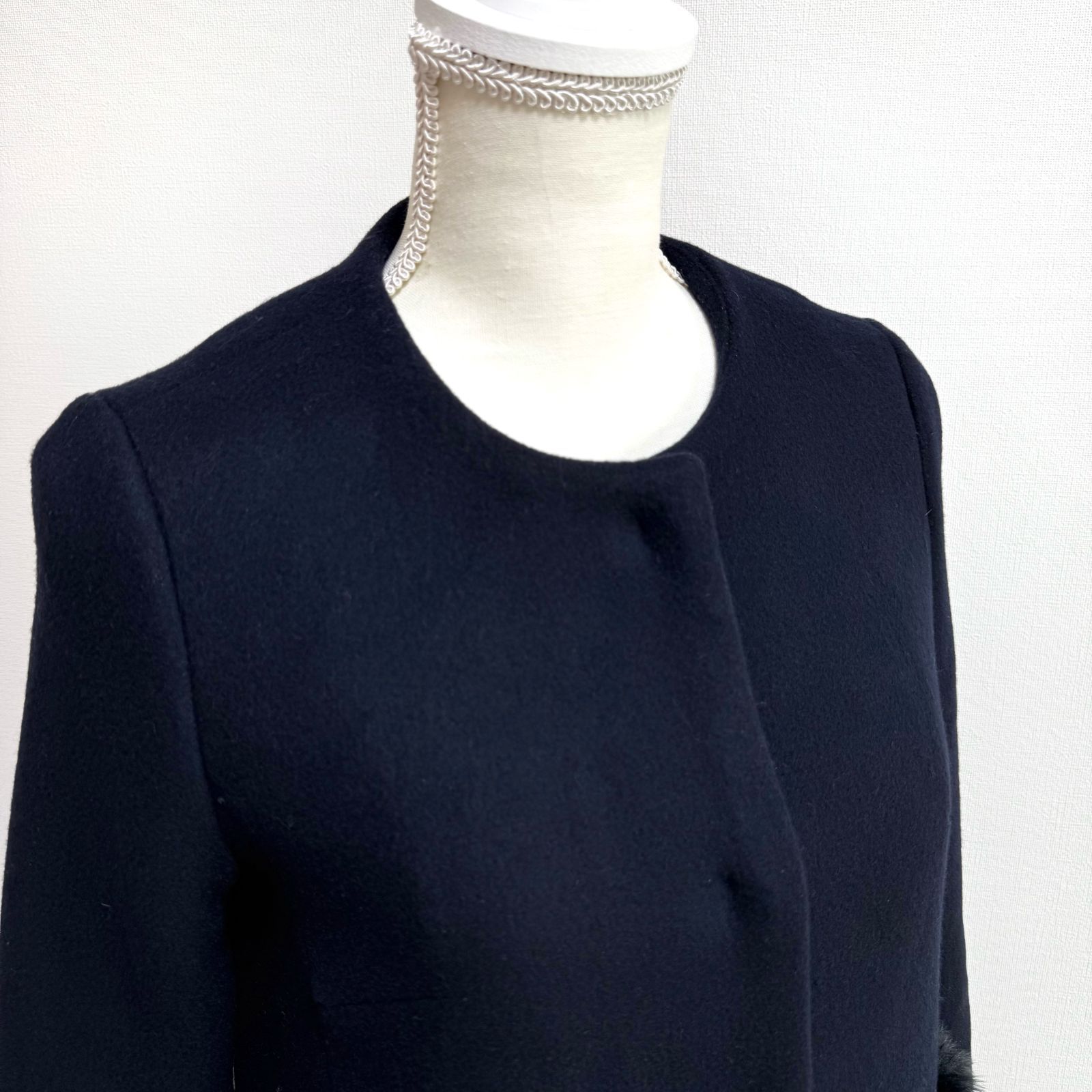 M-PREMIER エムプルミエ ファーポケット コート ネイビー 34P ウール混