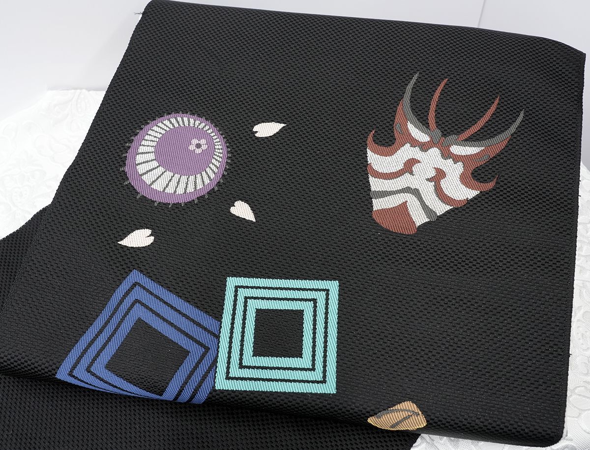 新品未仕立 西陣織 九寸 名古屋帯 歌舞伎 隈取柄 黒地 仕立代込み