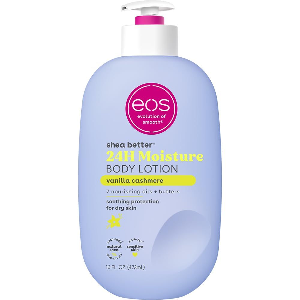 eos Shea Better Body Lotion- Vanilla Cashmere， 24-Hour Moisture Skin Care， Lightweight u0026 Non-Greasy， Made with Natural Shea， Vega 