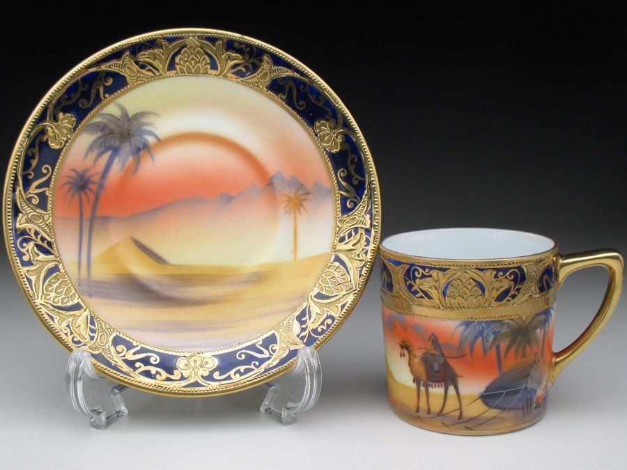 オールドノリタケ コバルト金盛り砂漠風景絵 カップ＆ソーサー (c