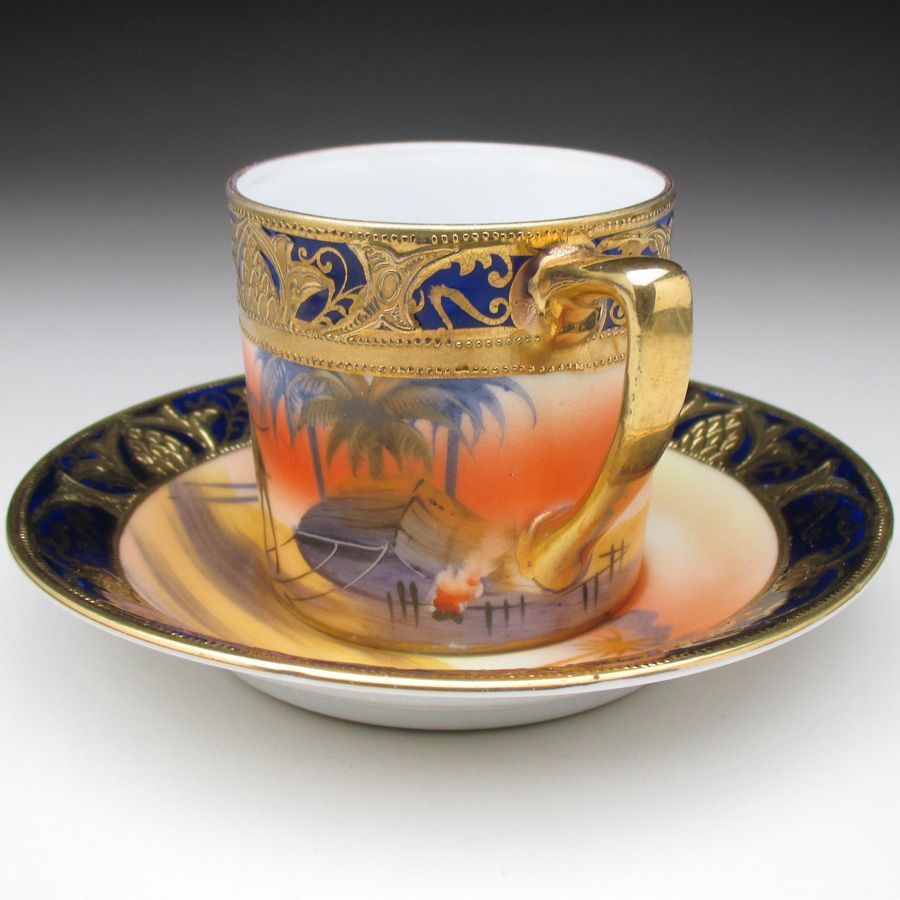 オールドノリタケ コバルト金盛り砂漠風景絵 カップ＆ソーサー (c