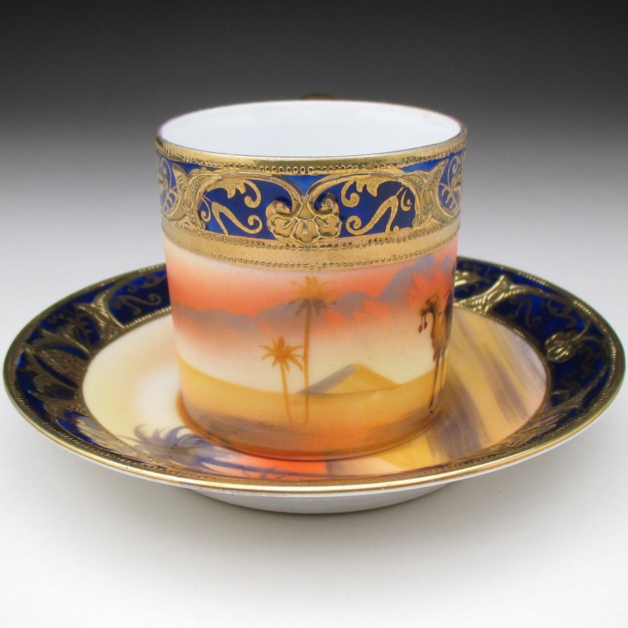 オールドノリタケ コバルト金盛り砂漠風景絵 カップ＆ソーサー (c