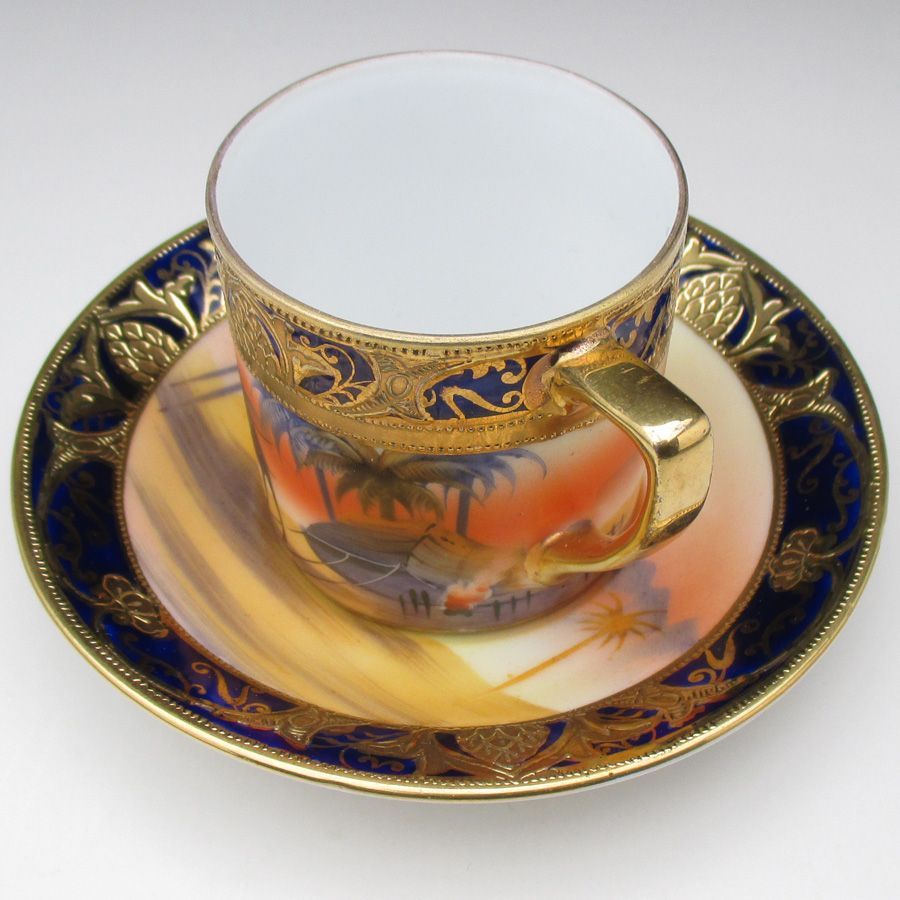 オールドノリタケ コバルト金盛り砂漠風景絵 カップ＆ソーサー (c