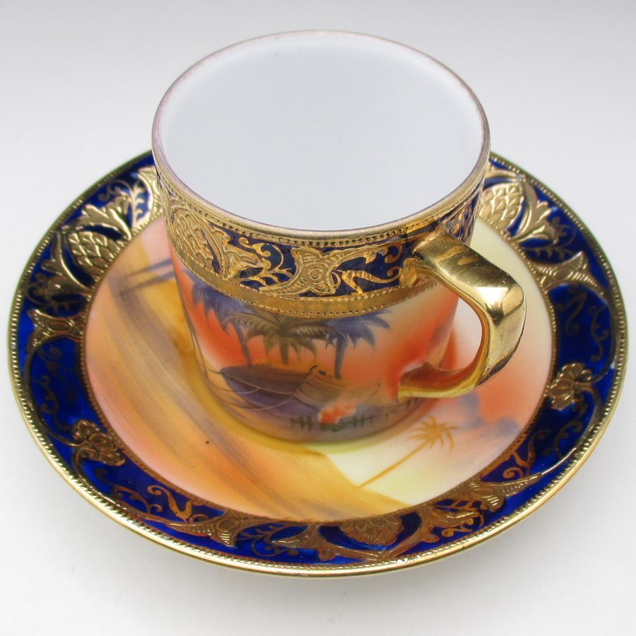 オールドノリタケ コバルト金盛り砂漠風景絵 カップ＆ソーサー (d