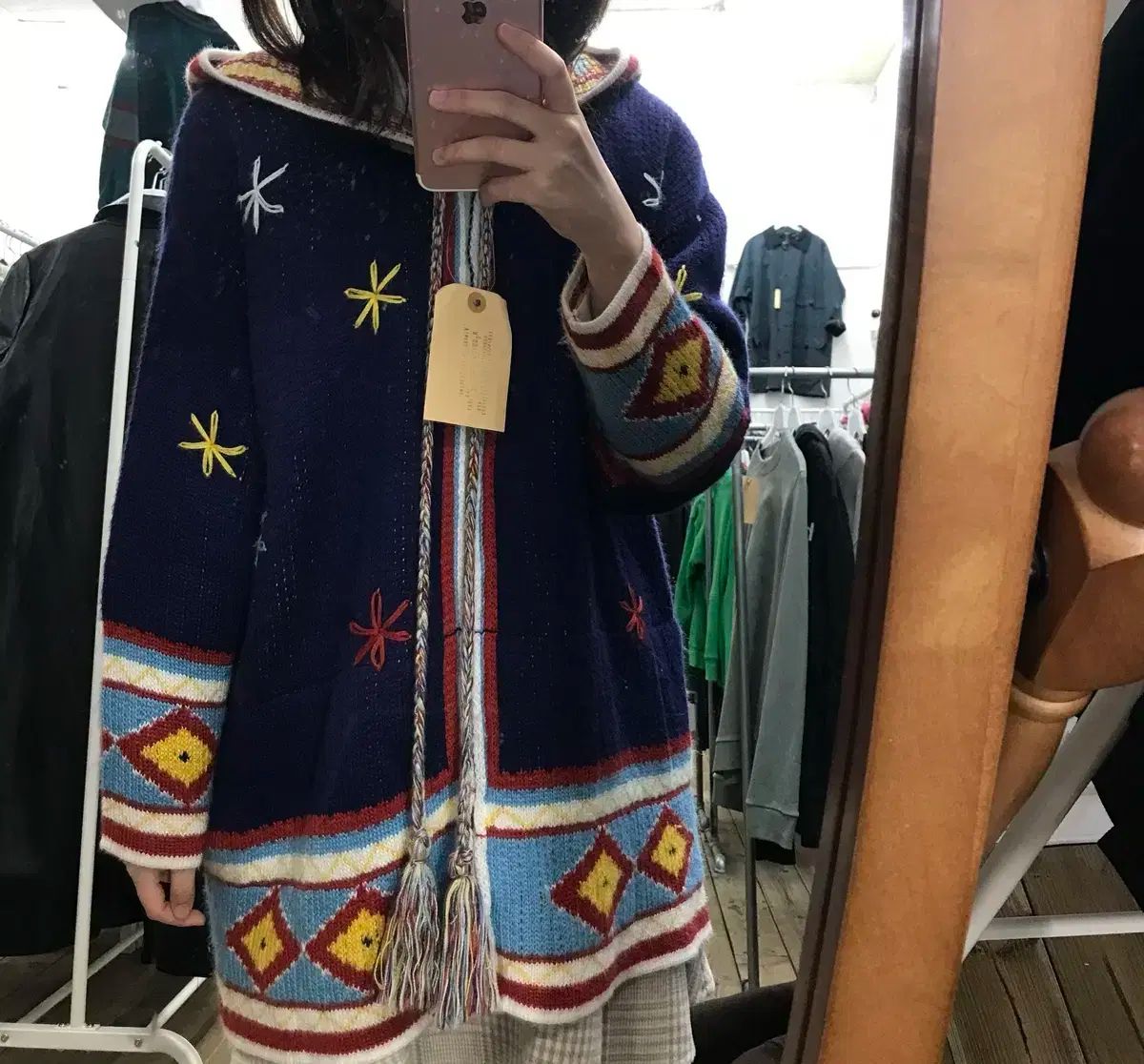 森ガール エスニック ヒッピー ジップアップ フードニット カーディガン ヴィンテージ