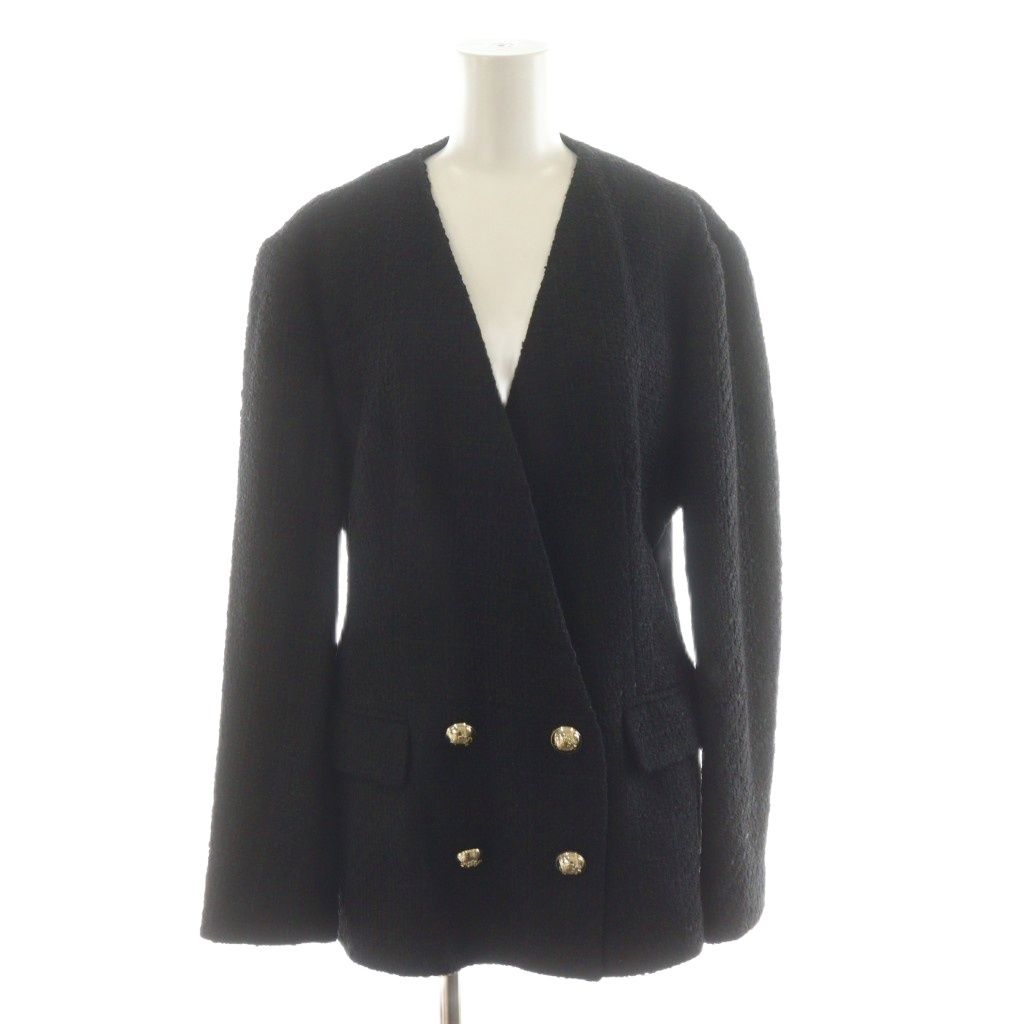 ザラ ZARA ツイードジャケット ダブル 金ボタン L 黒 ブラック /AN23