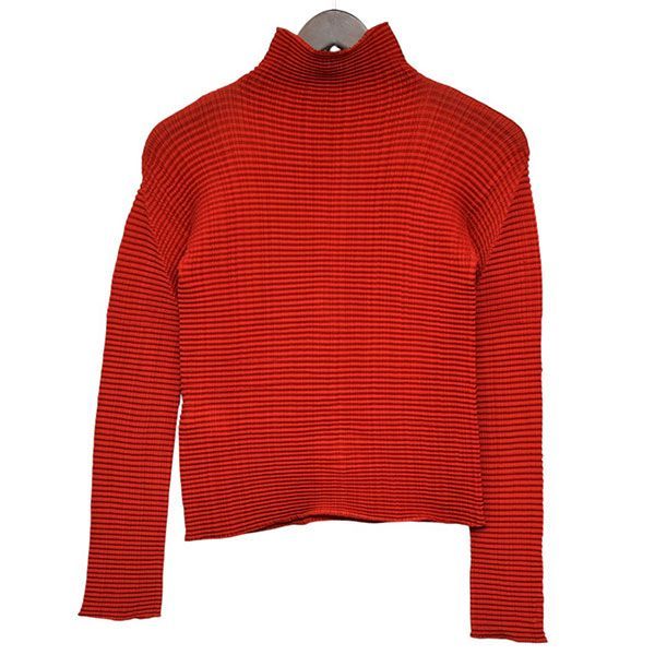 イッセイミヤケ シワ加工 ベロア フレア レッド シャツ F ハイネック