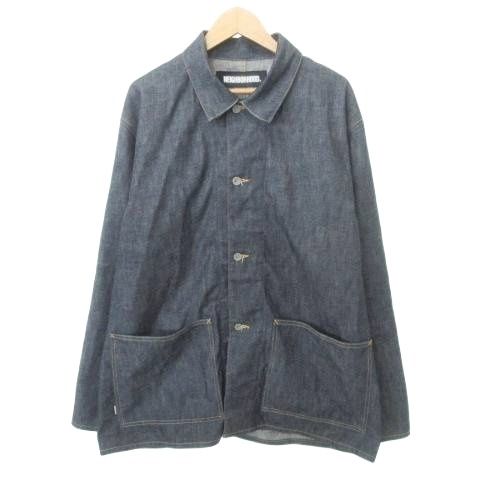 ネイバーフッド NEIGHBORHOOD 美品 デニム カバーオール 長袖 ボタン 無地 厚手 Lサイズ 紺 ネイビー