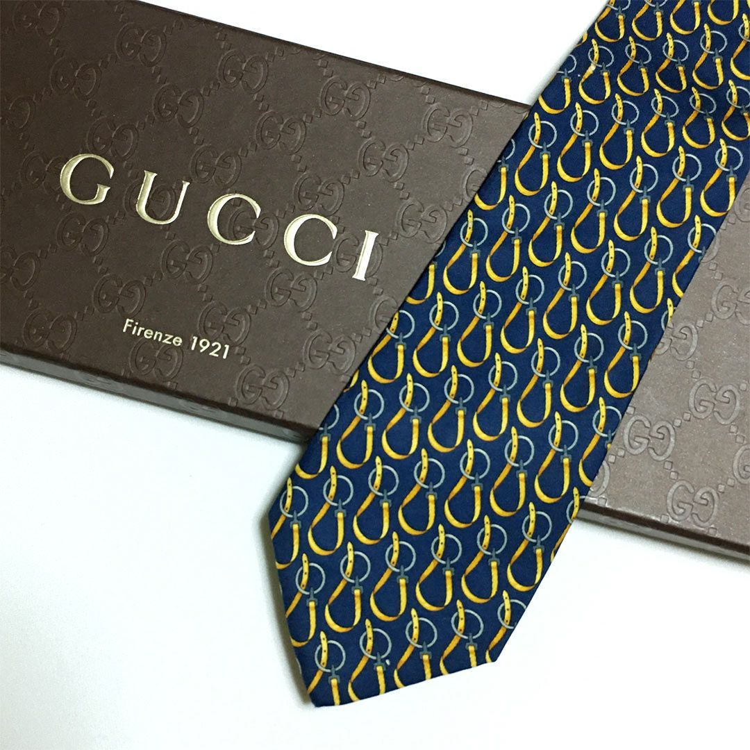 未使用級 グッチ GUCCI ネクタイ シルク ブルー 刺繍 蜂 Bee ハチ 小物